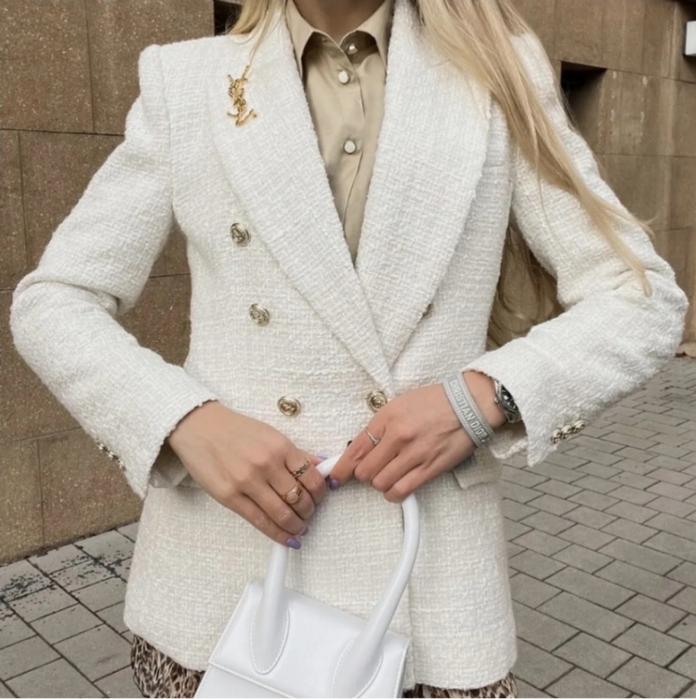 ZARA Tweed Textured Double Breasted Blazer gold buttons size S - Picture 8 of 16